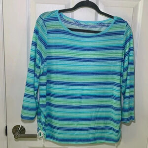 Talbots turquoise and blue three-quarter sleeve striped linen blend top size L